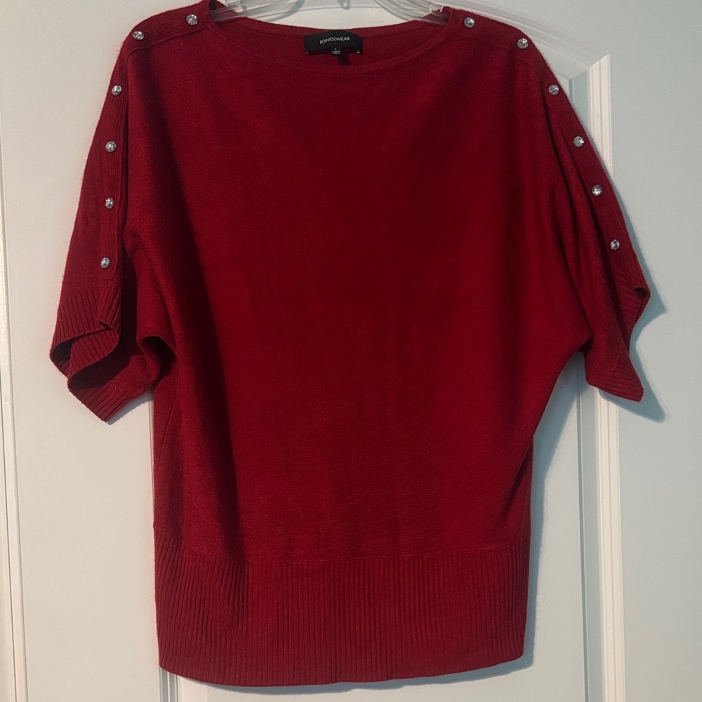 Jones Wear Fitted Red Sweater with Sparkle Button Accents Holiday American